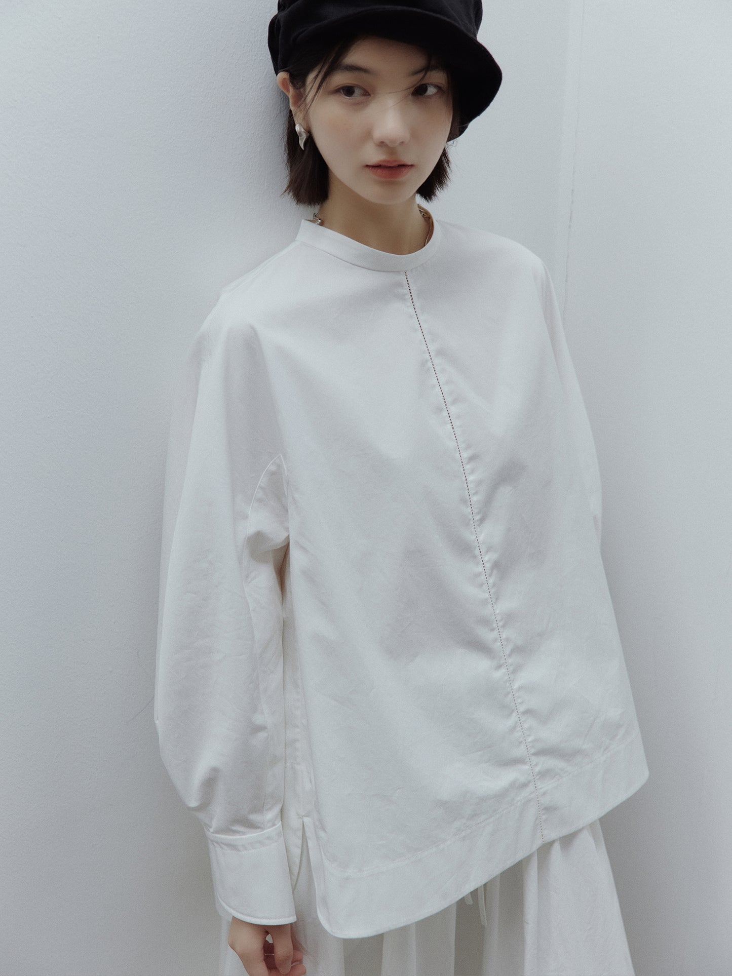 FUSSED Everyday Nerd Cotton Eyelet-Paneled Shirt in Mist White FOF-25SS136a