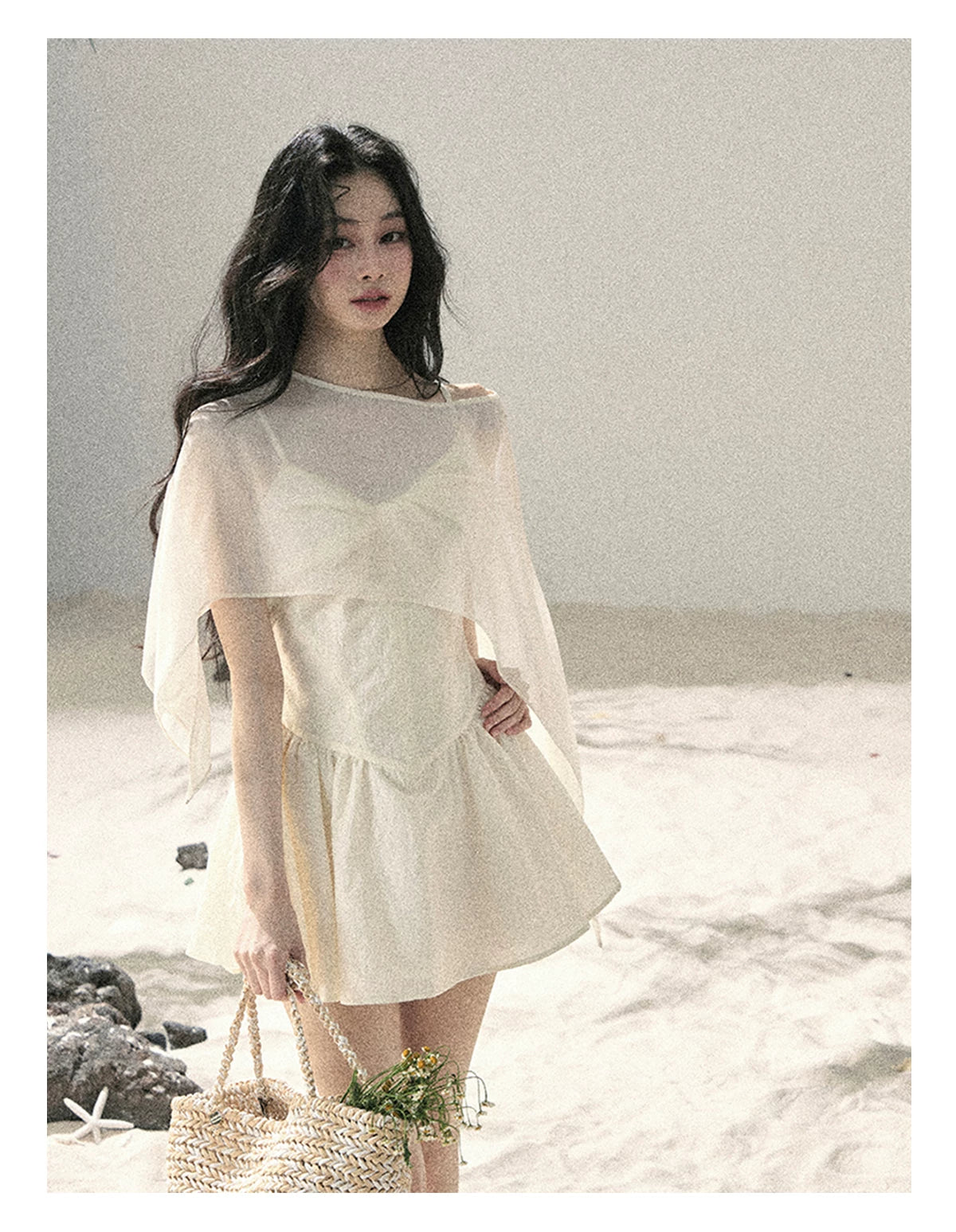 "Veiled in Mist" Cream Apricot Puff Mini Dress & Chiffon Shawl Set 5348