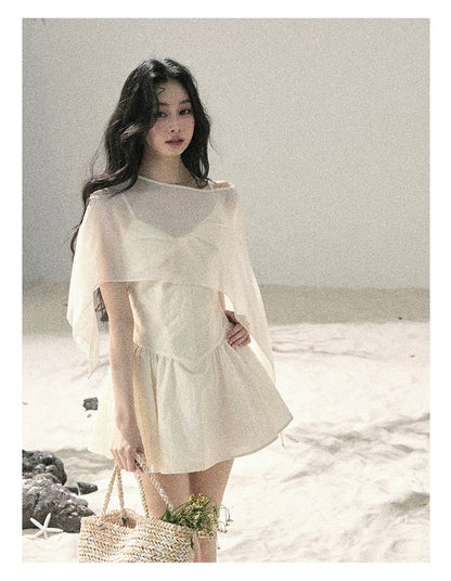"Veiled in Mist" Cream Apricot Puff Mini Dress & Chiffon Shawl Set 5348