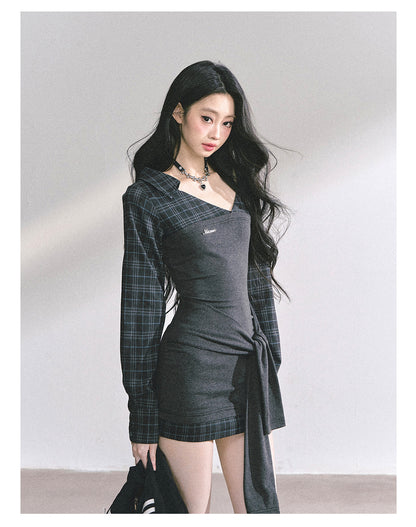 少也眼 “Campus Rebel" Checkered Bodycon Mini Dress - Gray 514354