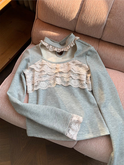 阮阮自制 - Satin Knot Mist Gray Lace-Panel Knit Base Top