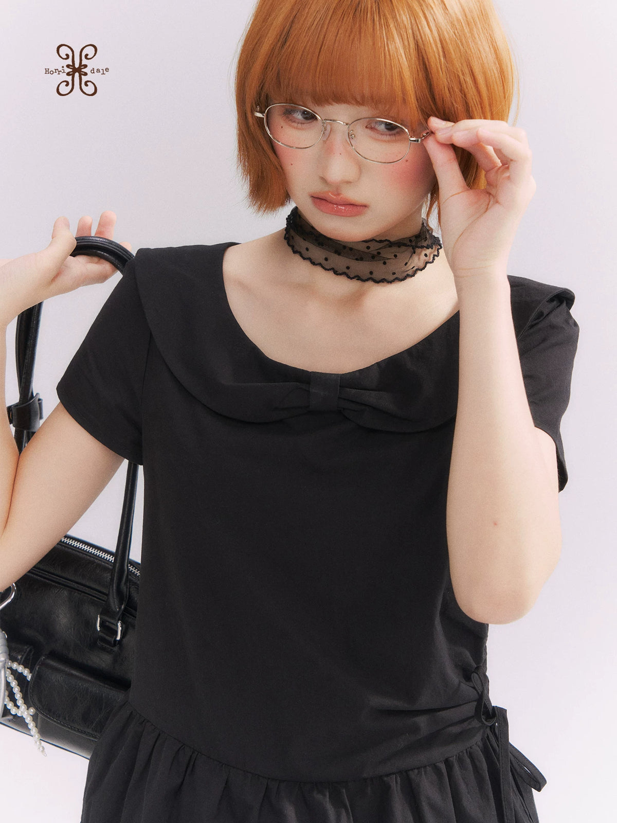 “Midnight Sweetheart” Black Korean-Style Bow Polka Dot Tiered Dress