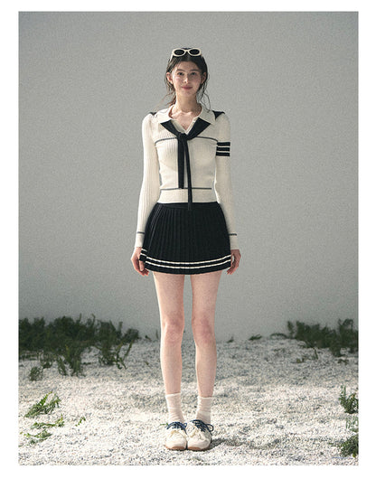 “Delhi Academy” Ivory Polo Knit Set with Midnight Black Scarf