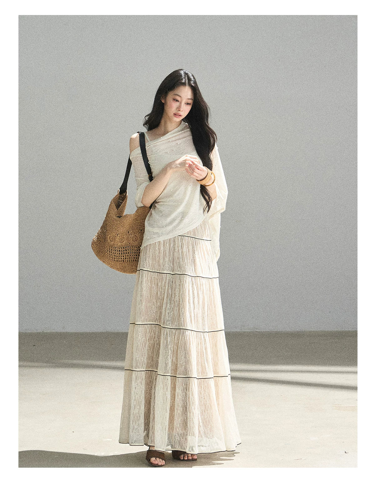 "Mist Through the Woods" Creamy Apricot White Lace Maxi A-Line Skirt