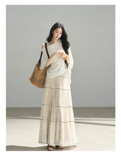 "Mist Through the Woods" Creamy Apricot White Lace Maxi A-Line Skirt