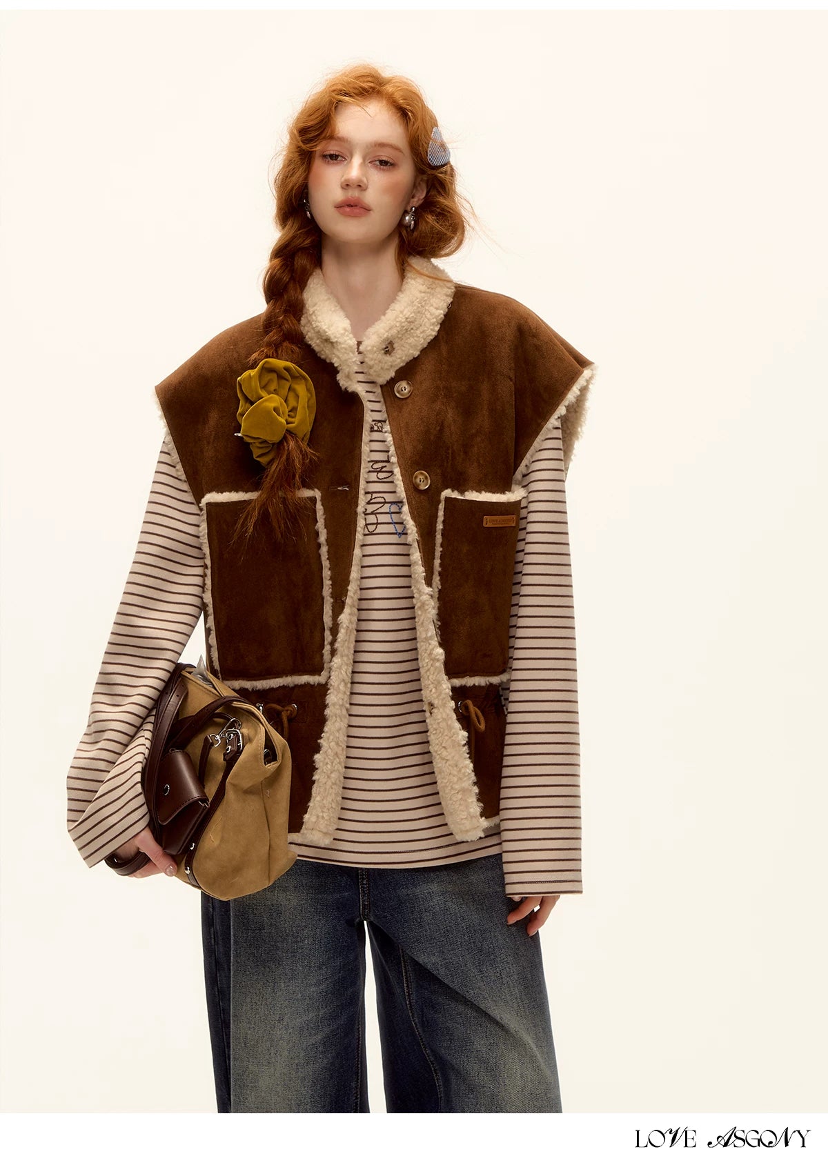 ASGONY - Brown Reversible Suede Faux Shearling Drawstring Vest