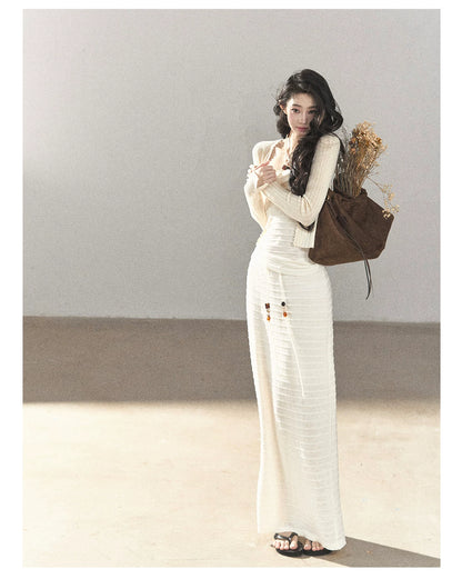AOMALM - Creamy Ivory Convertible Knit Tube Top & Maxi Skirt Set