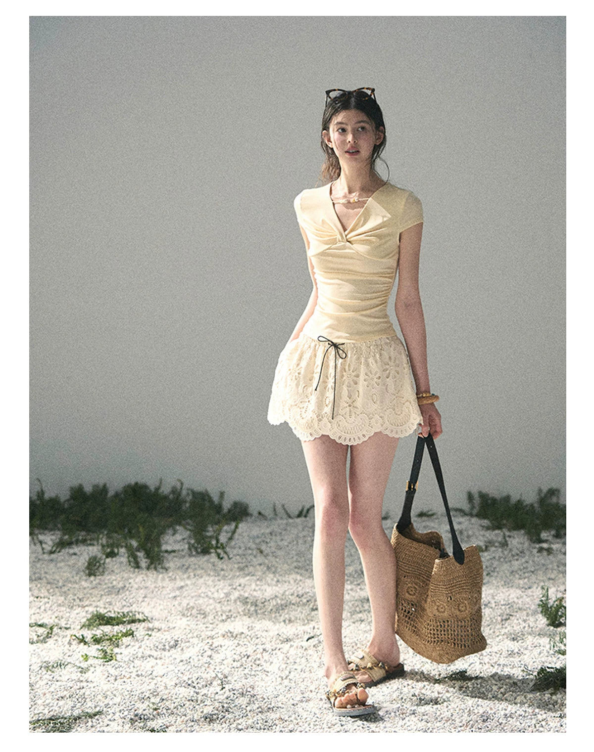 “Sheer Spring Whisper” Milkshake Yellow Twist V-Neck Top