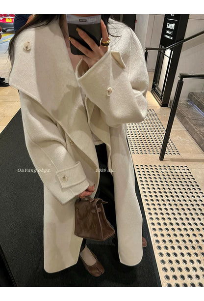 QuQuOuYang - 100% Wool Double-Face Belted Coat with Convertible Collar