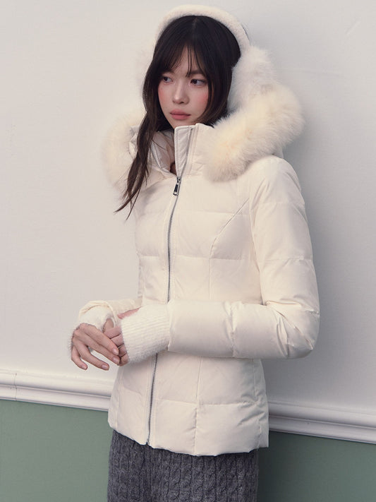 Soote Season - Milk White Cropped Hooded Slim Down Jacket with Detachable Fur Collar