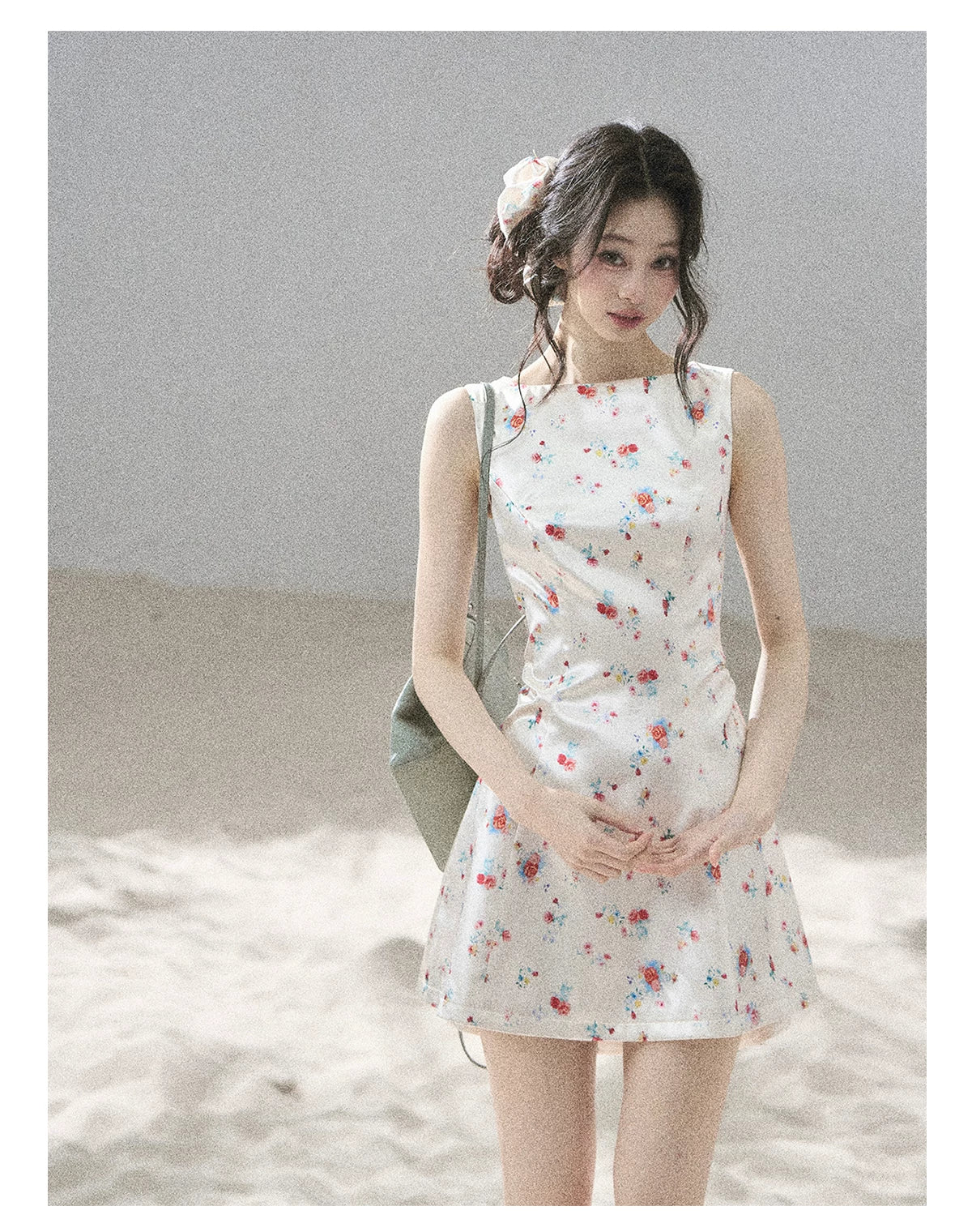 "Where Every Bloom Begins" Dutch Cream Floral Satin Puff Mini Dress (With Matching Scrunchie)