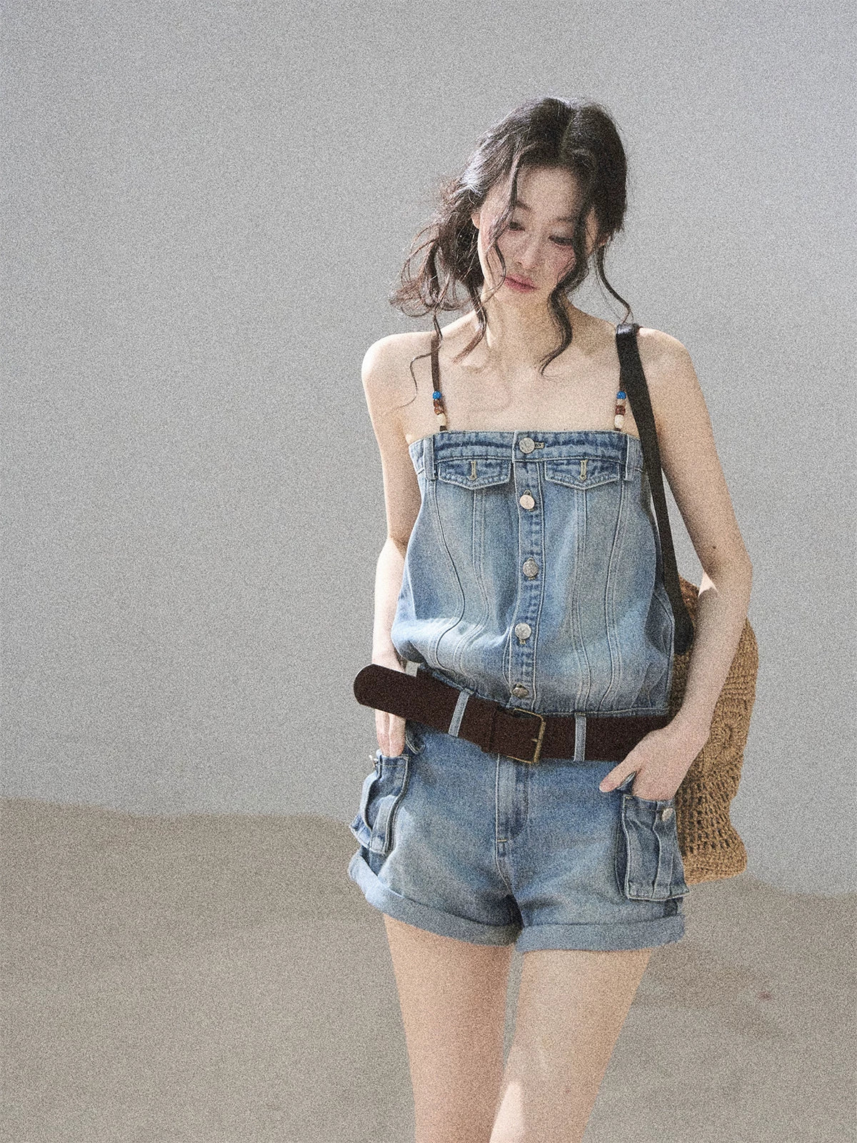 "A Walk by the Sea" Collegiate Blue Denim Utility Romper (With Belt)