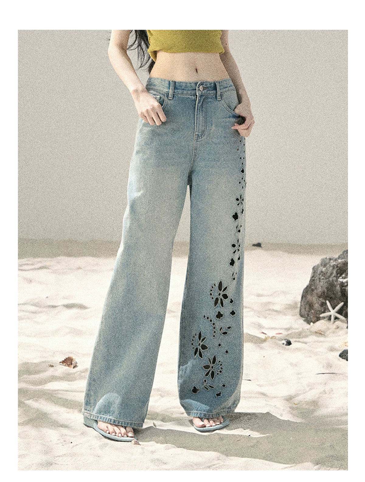 "Scent of Sea Salt" Vintage Blue Embroidered Wide-Leg Jeans 536843
