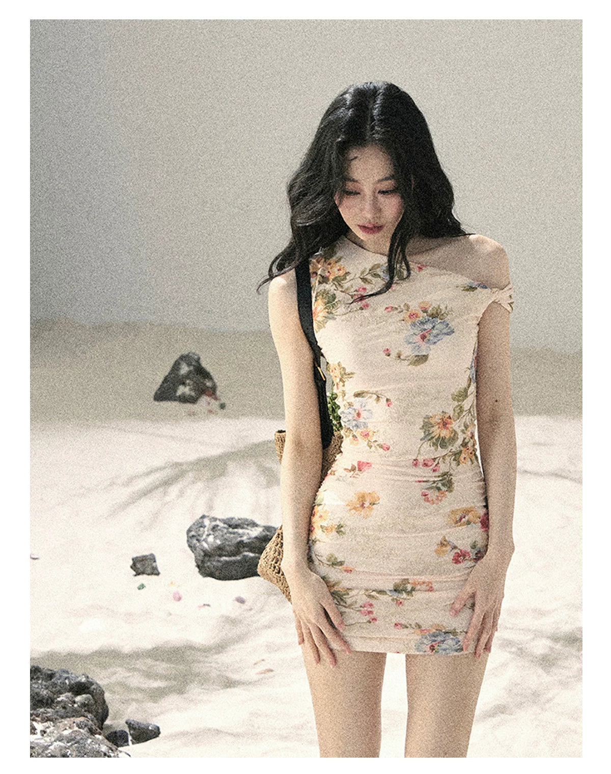 "Waiting for Blossoms" Dutch Cream Floral Ruched Mini Dress 43236
