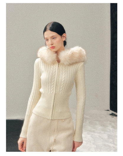 少也眼 “Sunset’s Soft Trace” Milk-Apricot Hooded Cable-Knit Zip-Up Jacket