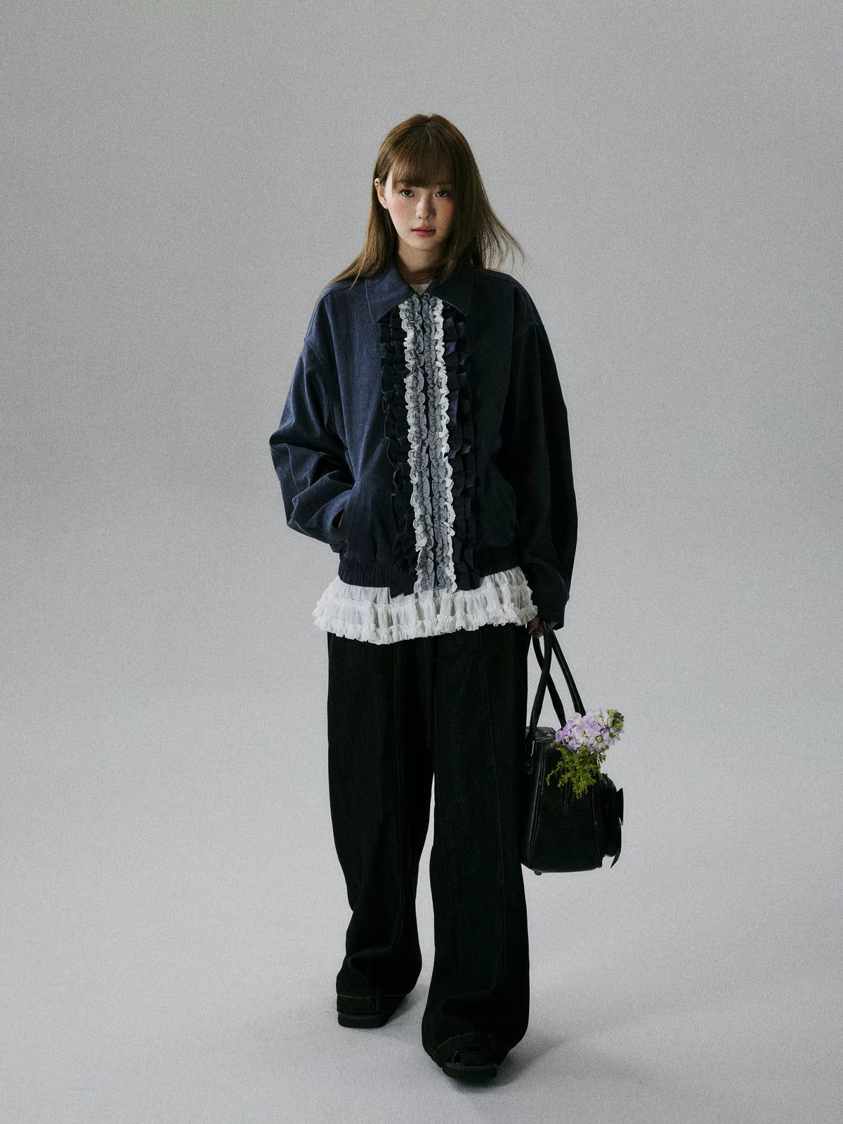 LOST FOREST - Navy Ruffle-Trim Cotton Jacket