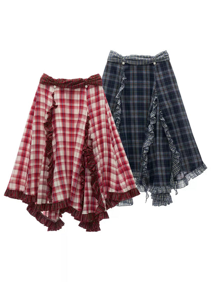 Asymmetrical Plaid Maxi Skirt with Ruffle Hem WE814 (Red)