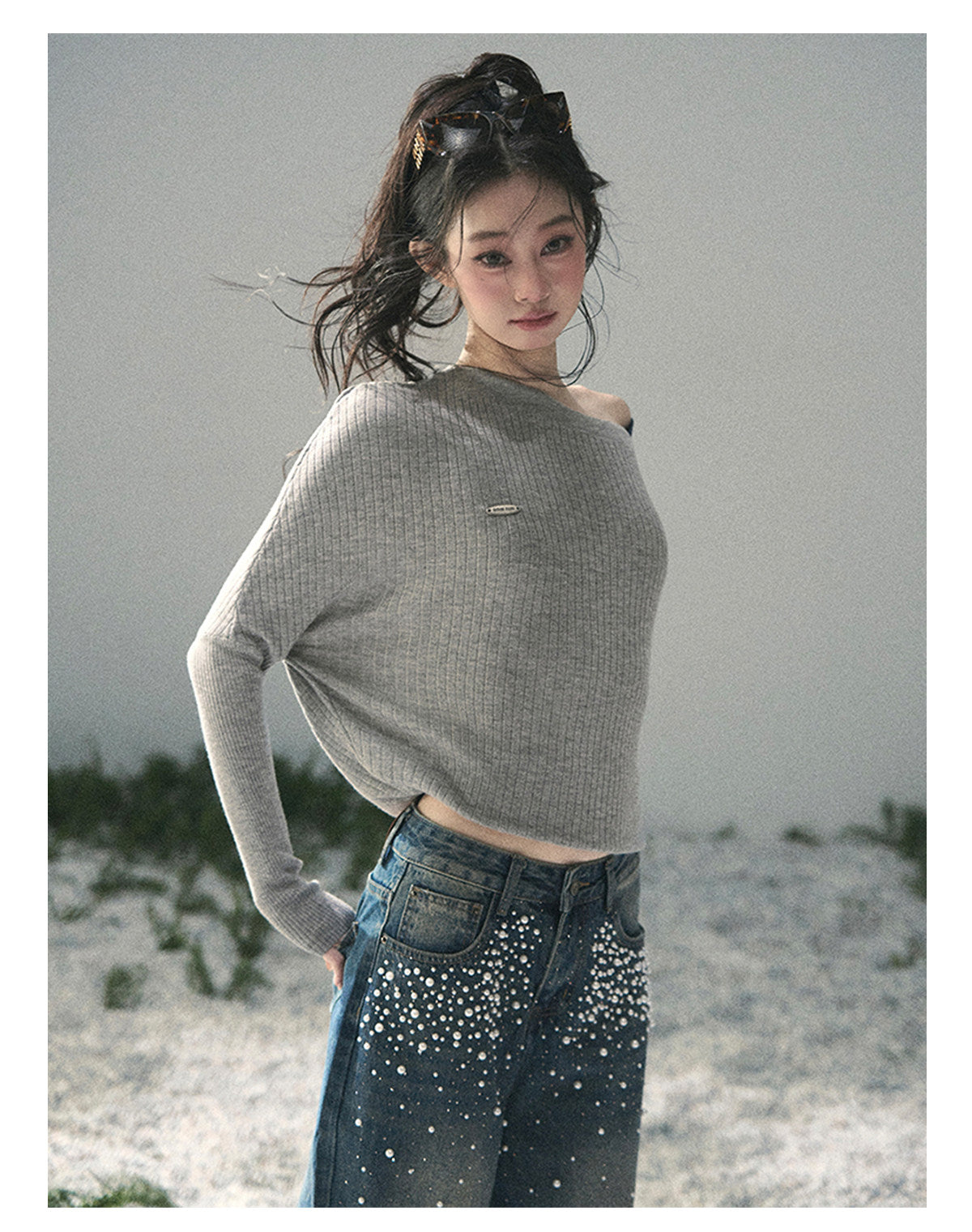 “Ashes of Yesterday” Mist Gray Off-Shoulder Layered Knit Top