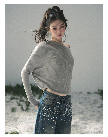 “Ashes of Yesterday” Mist Gray Off-Shoulder Layered Knit Top