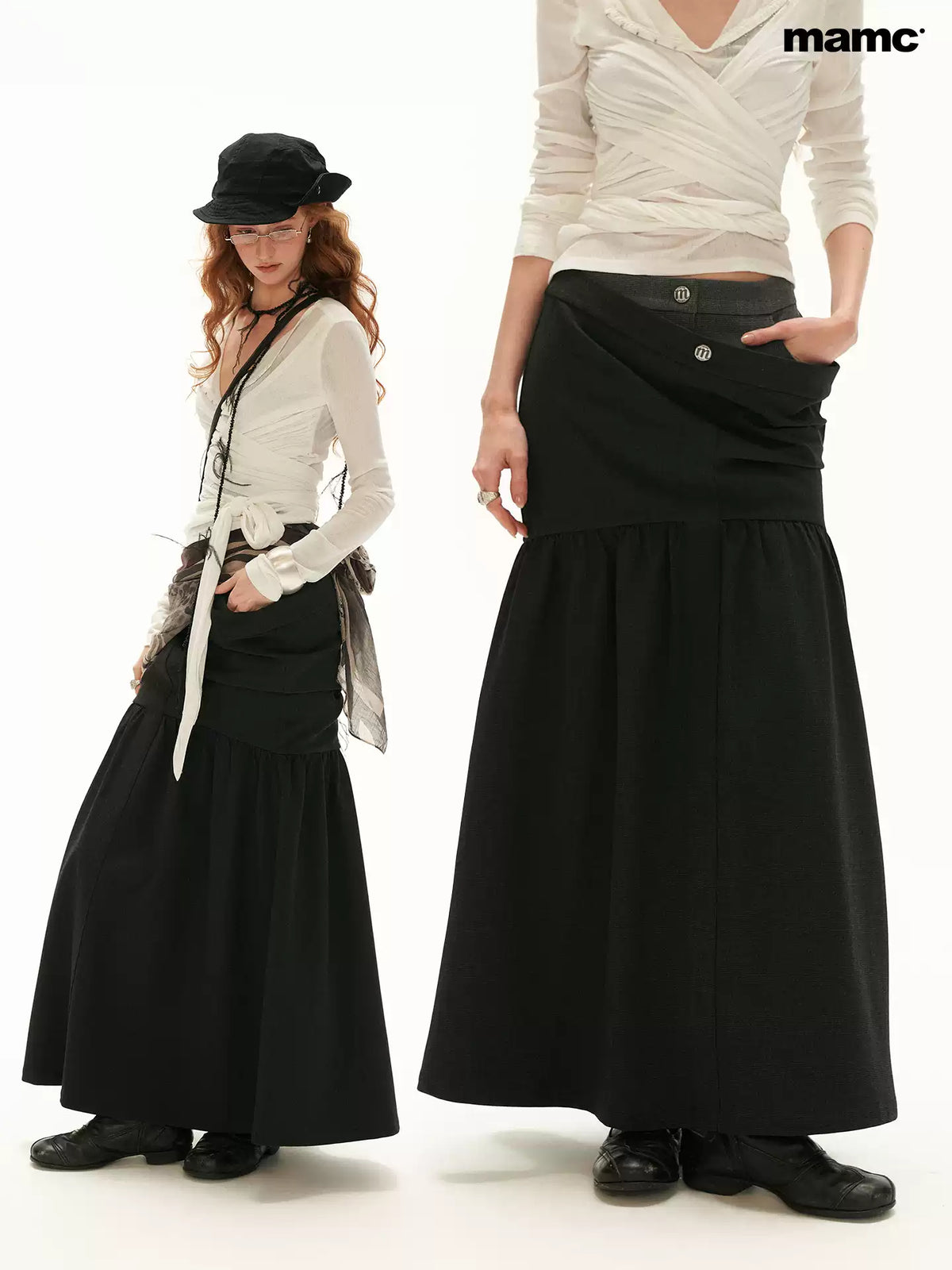 MAMC - Vintage Plaid A-Line Skirt with Layered Waist Detail (Black / Yellow)