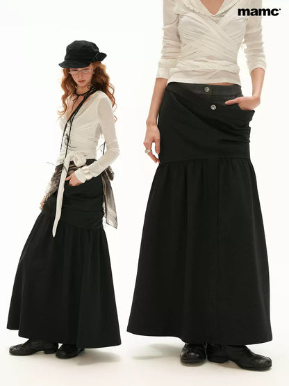 MAMC - Vintage Plaid A-Line Skirt with Layered Waist Detail (Black / Yellow)