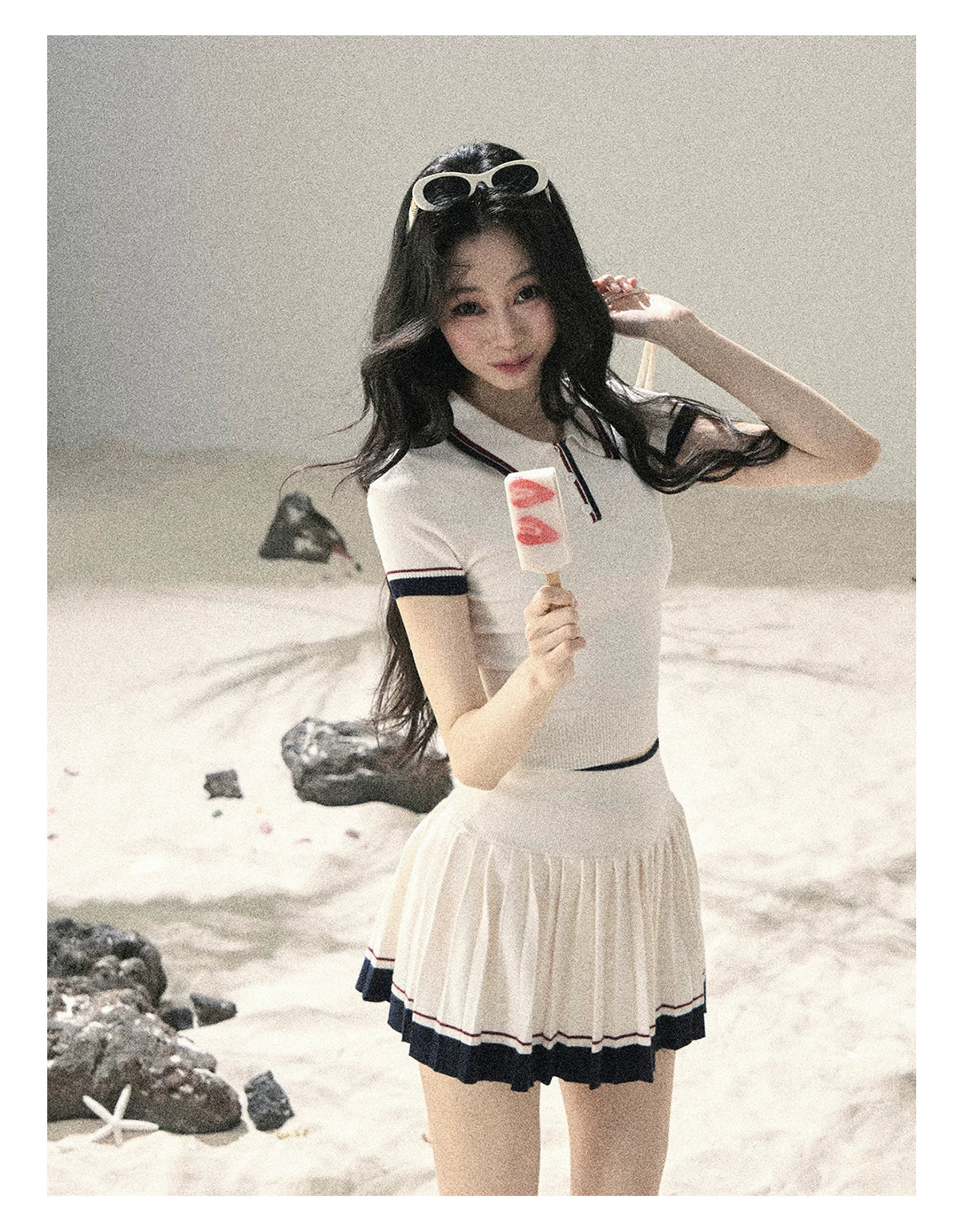 "Moonlight in Pieces" Cloud White Ribbed Knit Top & Pleated Mini Skirt Two-Piece Set