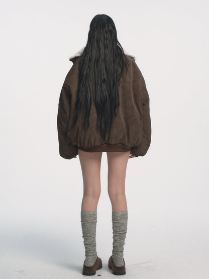 Muirgen - Brown Y2K Reversible Faux Fur Suede Aviator Jacket