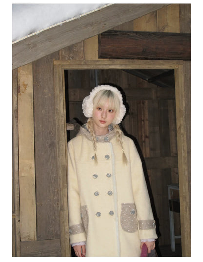 RF - Cream Yellow Hooded Wool-Blend Coat with Polka Dot Pockets
