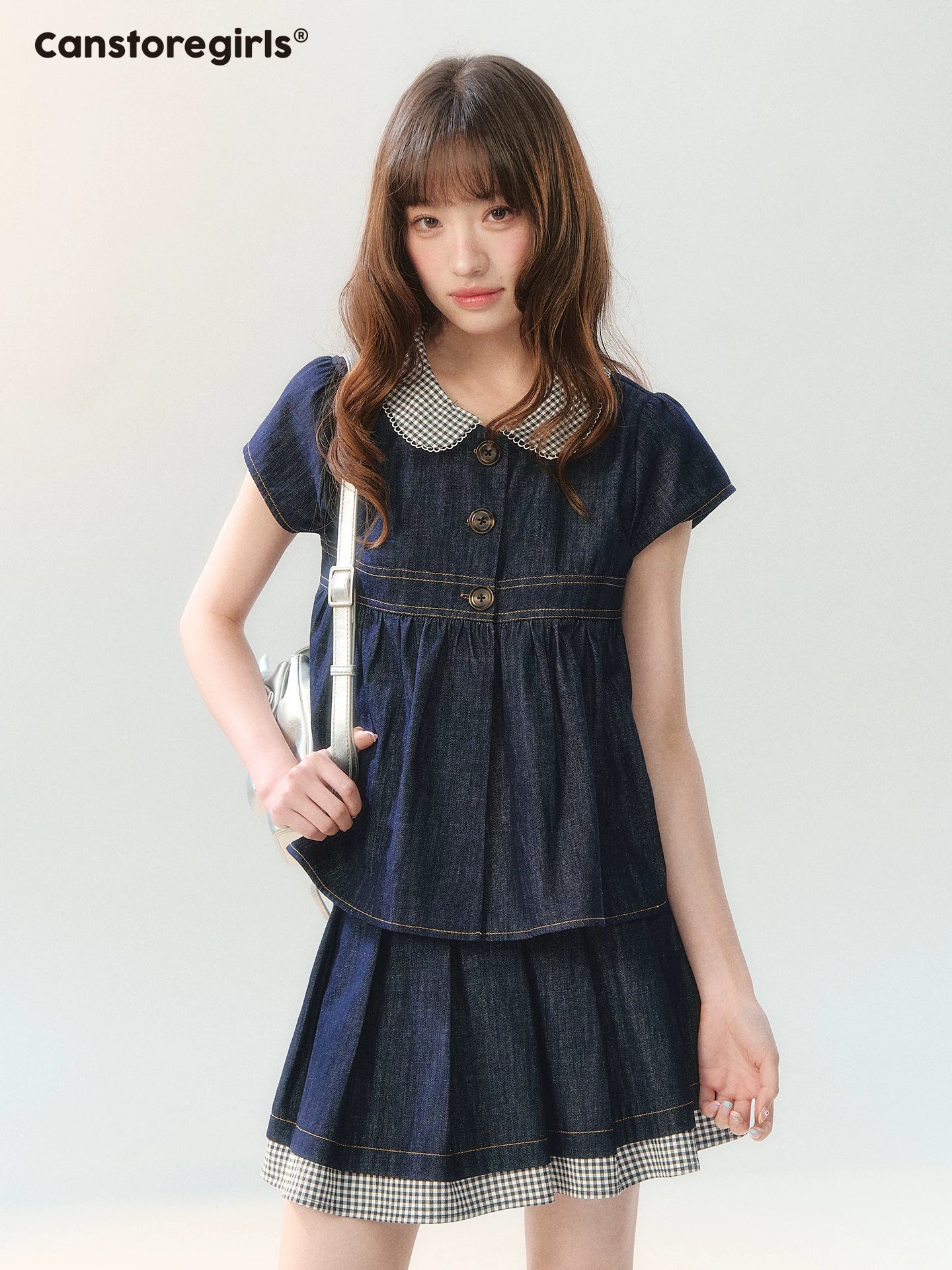 "Denim Check Prelude" Indigo Denim Three-Piece Set