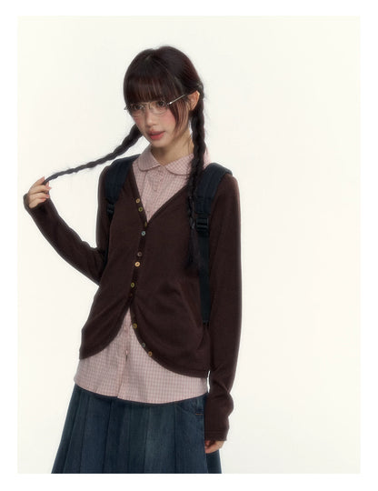 “Chestnut Book Knit” Red Brown Faux-Layered Colorful Button Cardigan