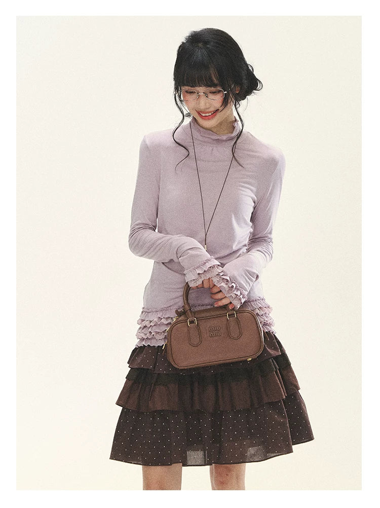 "Caramel Lace Notes" Brown Polka Dot Tiered Lace Midi Skirt