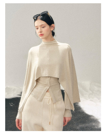 少也眼 "Moss Whisper" Ivory Two-Tone Shawl T-Shirt Two-Piece Set