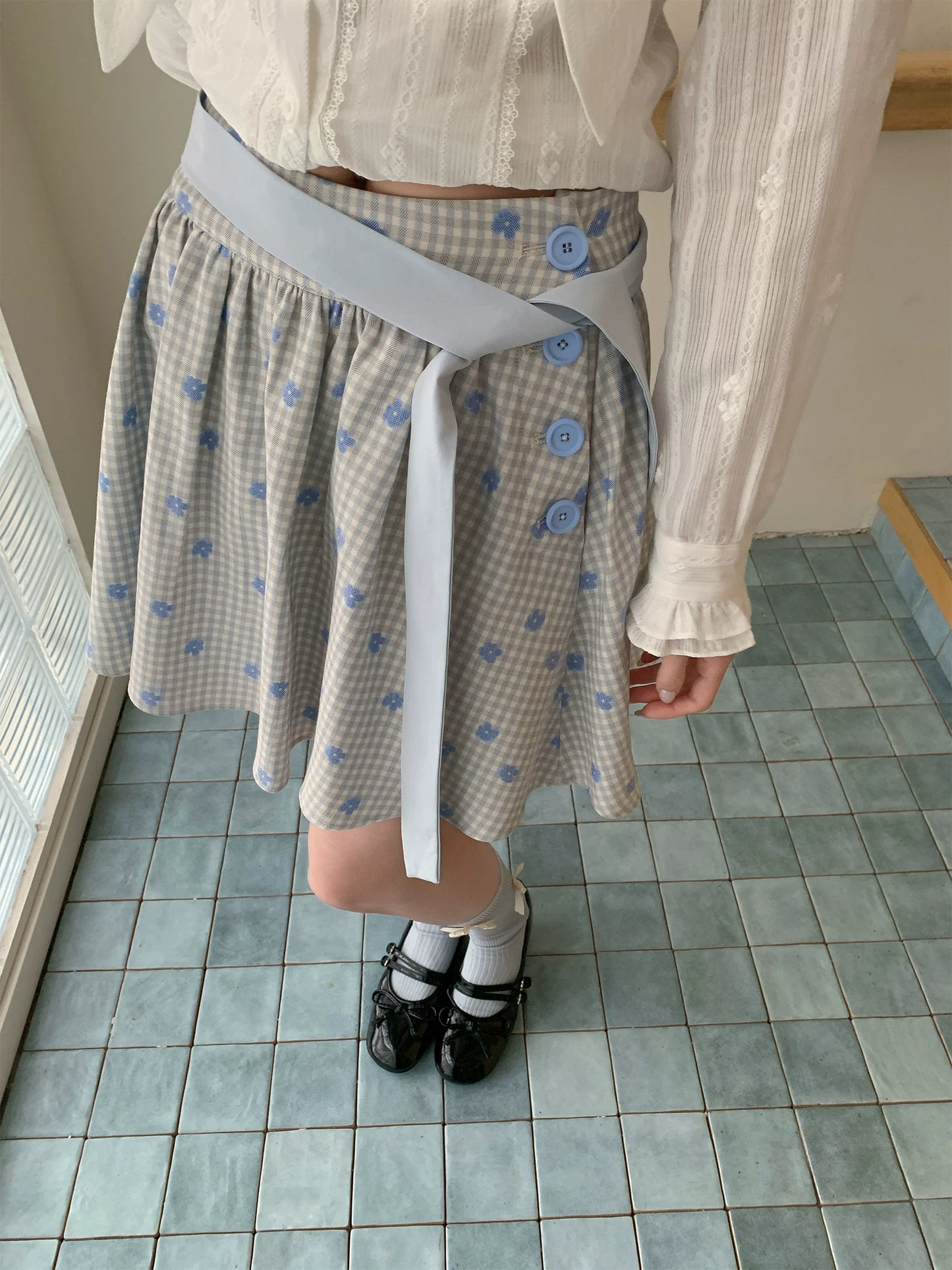 “Bluebell Letter” Light Blue Plaid Blazer Top & Ribbon Skirt