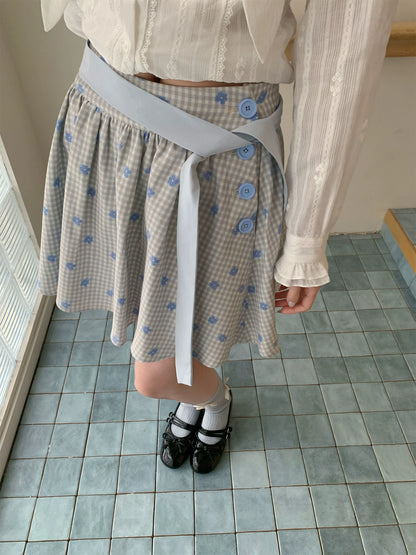 “Bluebell Letter” Light Blue Plaid Blazer Top & Ribbon Skirt