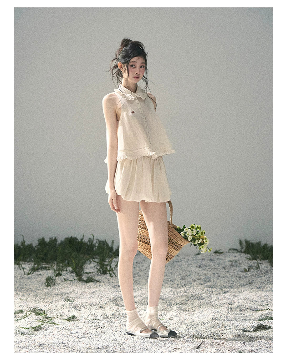 "Soft Cloud Reverie" Dutch Cream Lace Top & Bubble Skirt & Wide-Leg Pants Set 5468465
