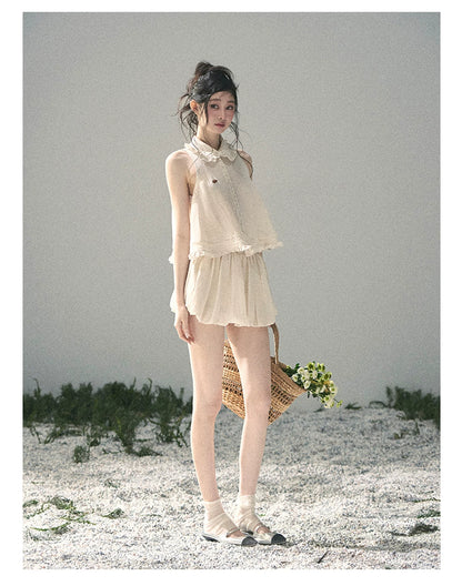 "Soft Cloud Reverie" Dutch Cream Lace Top & Bubble Skirt & Wide-Leg Pants Set 5468465