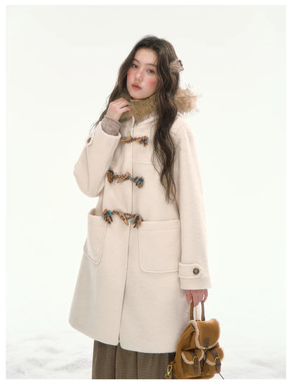 CANSTORE - "Winterland Journey" Ivory Hooded Wool-Blend Coat with Detachable Faux Fur Collar