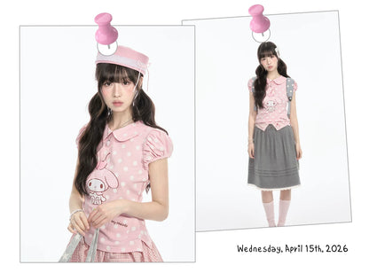 "Sweet Melody" Pink Casual Collection (Polka Dot Puff Sleeve Tee / Pleated Skirt / Bubble Skirt)