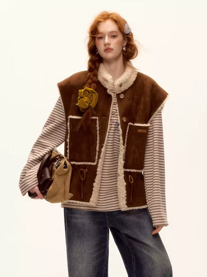 ASGONY - Brown Reversible Suede Faux Shearling Drawstring Vest