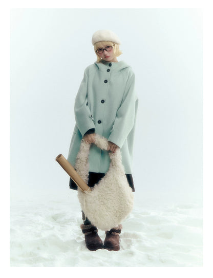 Pale Aqua Green Hooded Cocoon Wool-Blend Coat