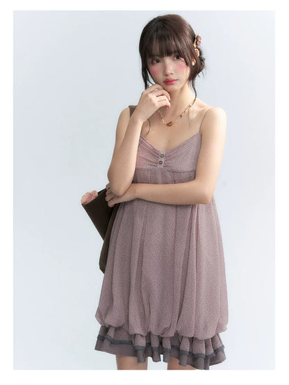"Misty Lavender Reverie" Vintage Floral Lace Trim Midi Slip Dress