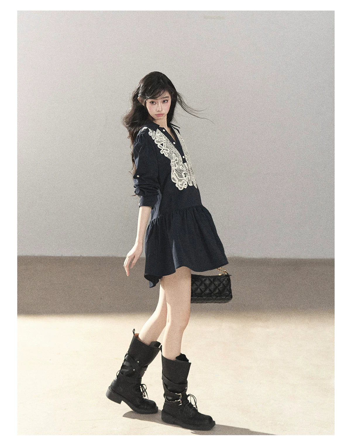 AOMALM - Navy French-Inspired Lace Shirt Mini Dress with Convertible Sleeves