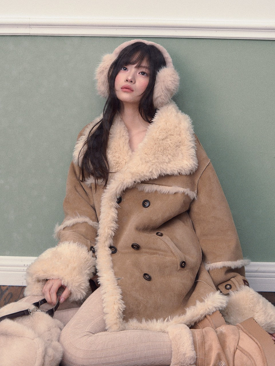 Soote Season - Oversized Korean-Style Faux Suede Shearling Collar Mid-Length Coat - Camel Brown