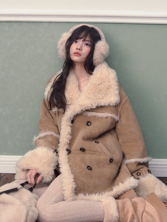 Soote Season - Oversized Korean-Style Faux Suede Shearling Collar Mid-Length Coat - Camel Brown