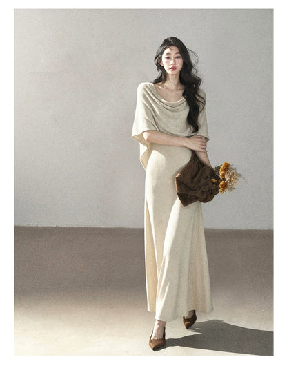 AOMALM - French-Inspired Two-Piece Maxi Dress Set with Layered Cape Overlay
