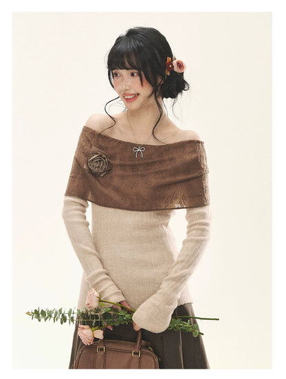 "Vintage Contrast" Brown Apricot Off-Shoulder Floral Knit Top