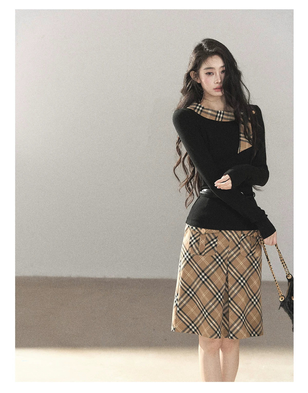 AOMALM - Black Knit Top & Light Smoky Brown Plaid Skirt Set with Belt
