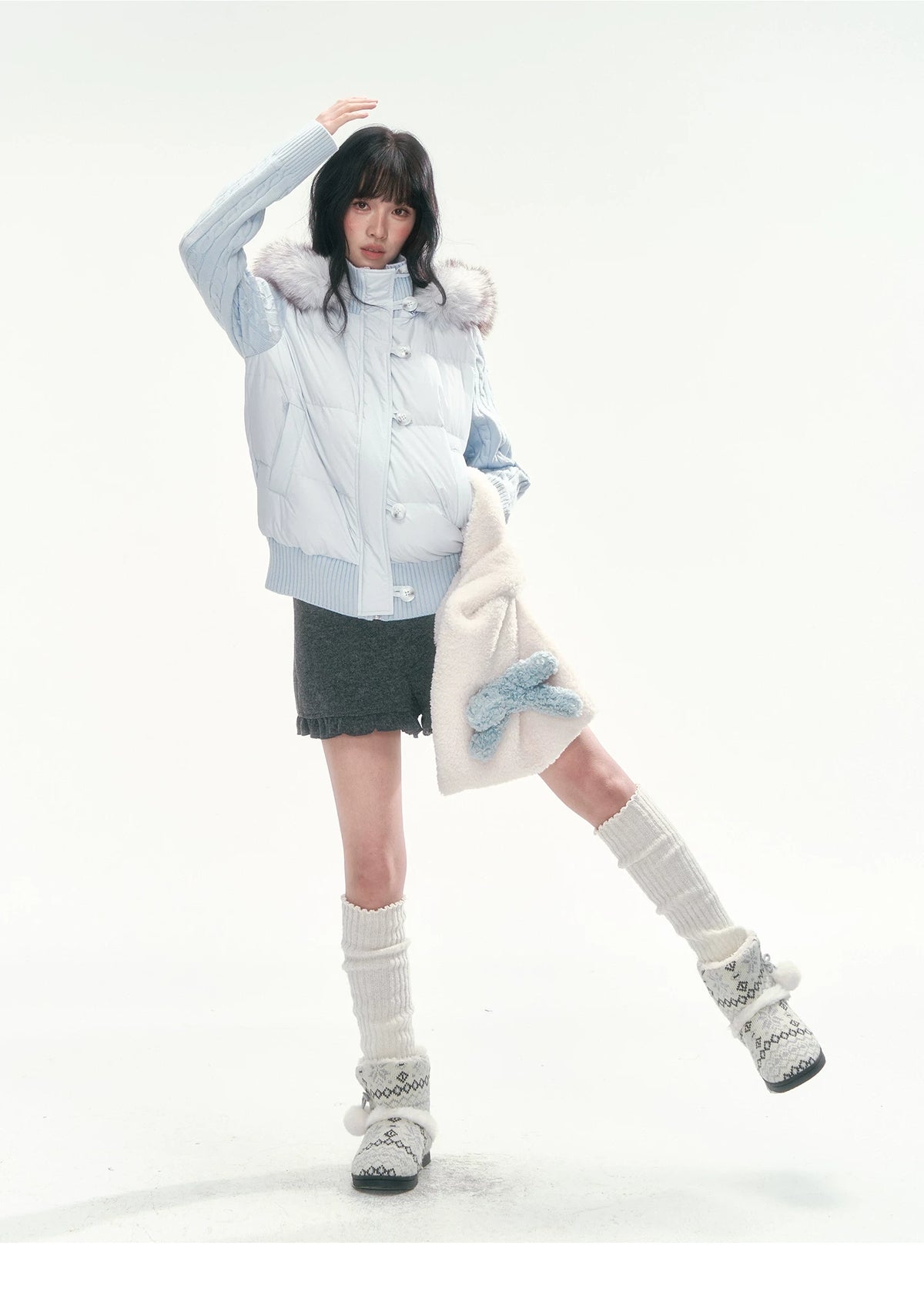 CAN - "The Macaron Affair" Cable-Knit Collar Puffer Jacket (Water Blue / Light Pink)