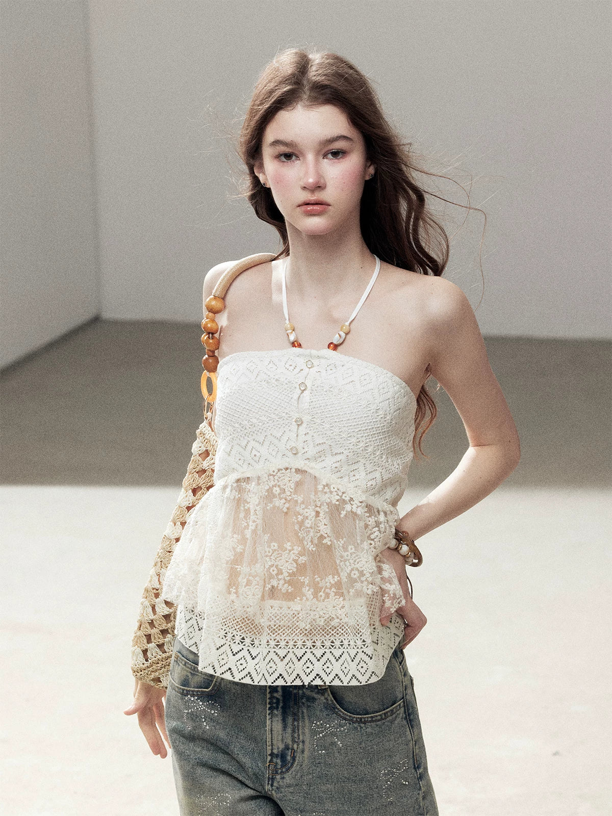 "Where the Waves Meet Her" Creamy Apricot White Lace Halter Sheer Top