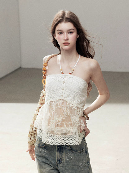 "Where the Waves Meet Her" Creamy Apricot White Lace Halter Sheer Top